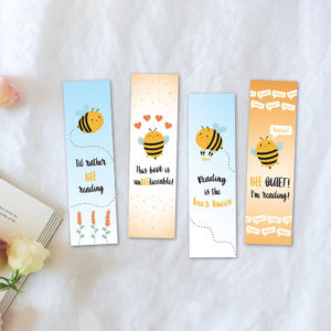 Four bookmarks with bees and punny sayings on them