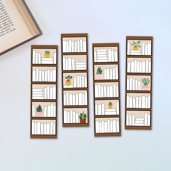 Four bookshelf bookmarks with space to color in books
