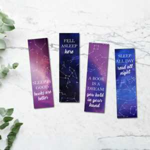 Four bookmarks with blue and purple backgrounds and constellations plus quotes about sleep and books