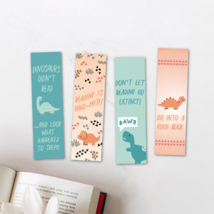 Four dinosaur-themed bookmarks with funny quotes