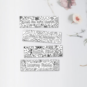 Four black and white images with floral designs and bookish sayings to color in