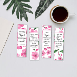 Four bookmarks with hope Bible verses and pink watercolor flowers