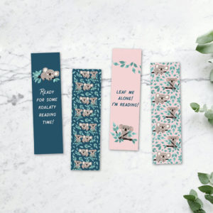 Four bookmarks with koala designs and puns