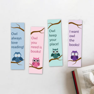Four owl bookmarks with punny bookish sayings