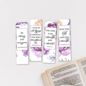 Four bookmarks with strength Bible verses and watercolor flowers