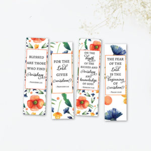Four bookmarks with wisdom Bible verses and watercolor flowers