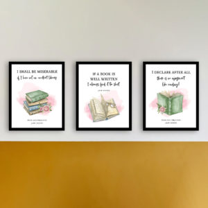 3 framed images with books and Jane Austen quotes