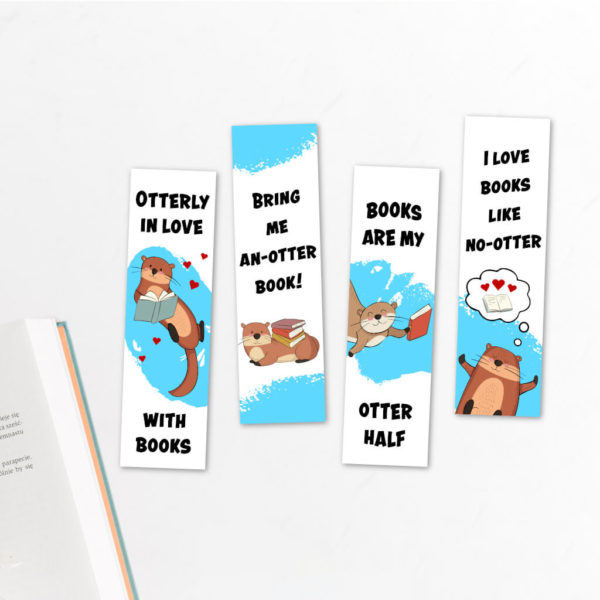 Four bookmarks with otters and books on them