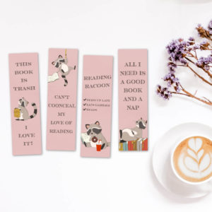 Four bookmarks with racoons and books on them